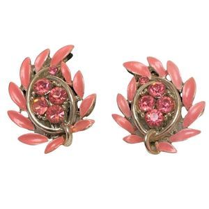 Vintage Lisner Pink Enamel And Rhinestone Clip On Earrings